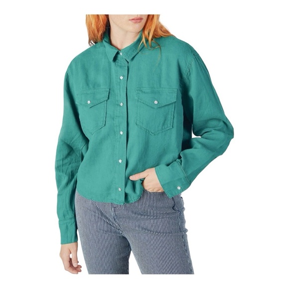 Etica Tops - ÉTICA DIANA TOP JADE Linen blend Size XS Snap Buttons long sleeves collared NWT